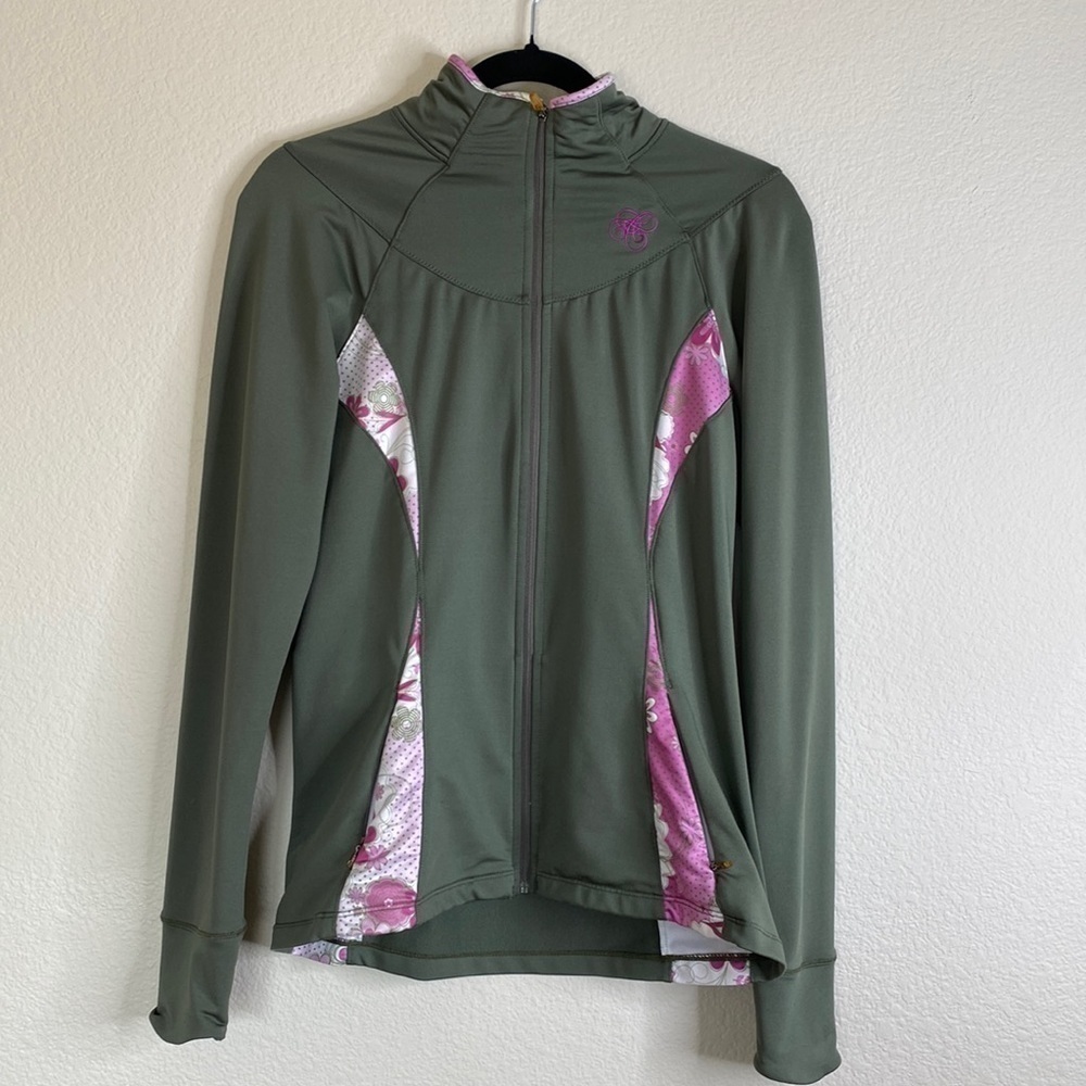 ASICS exercise zip up jacket Sz medium green flowers